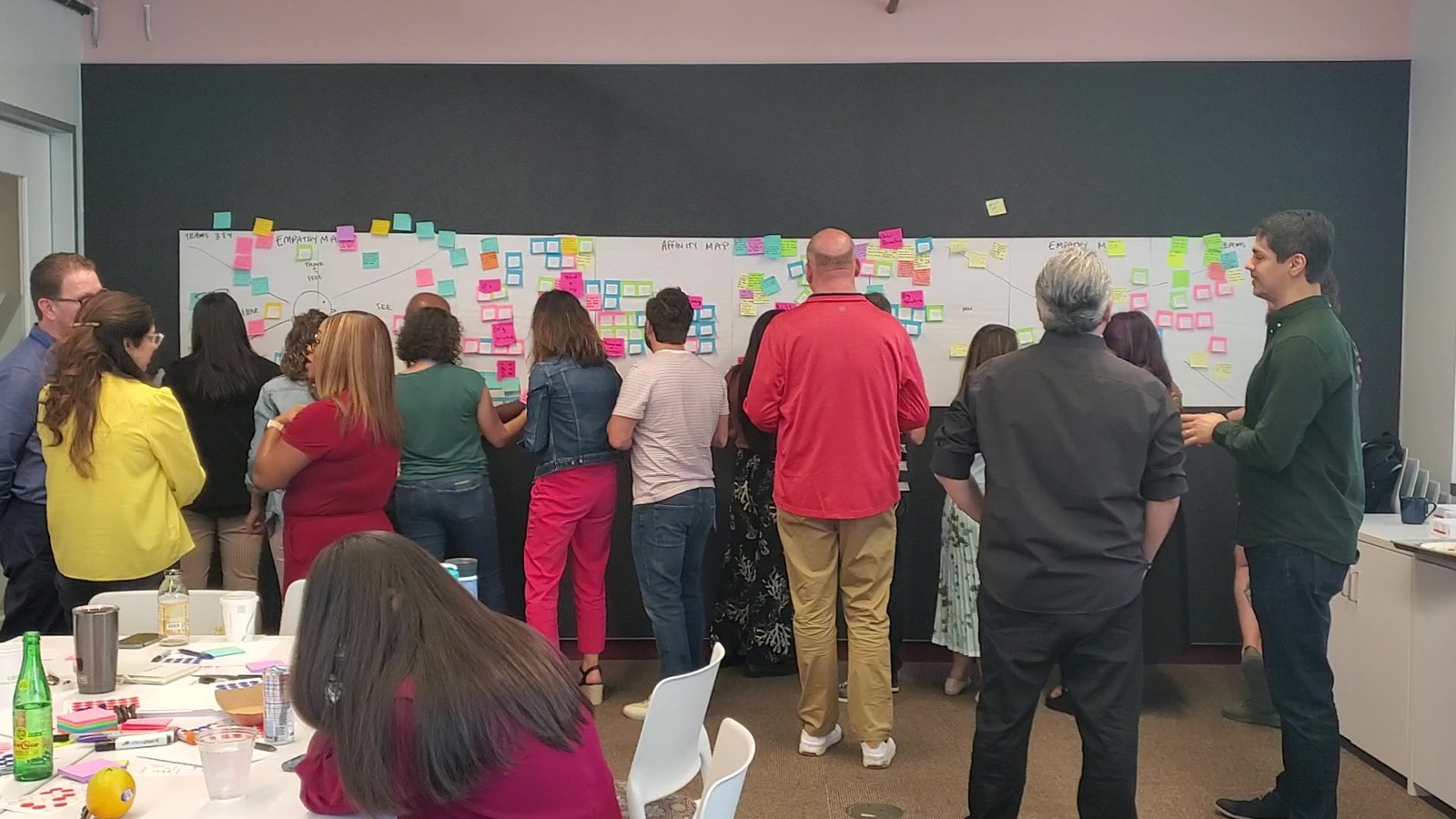 A group clustering sticky notes on a wall during an affinity mapping session